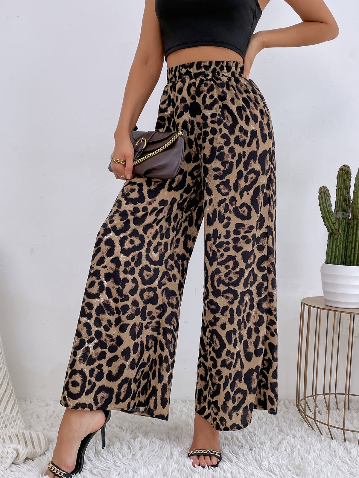 Pantaloni a gamba larga con stampa leopardo