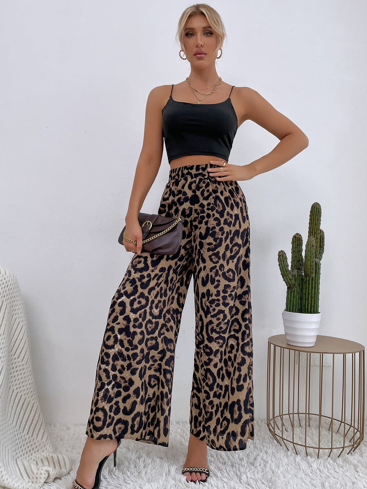 Pantaloni a gamba larga con stampa leopardo