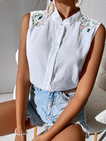 Camicia estiva senza maniche casuale per le vacanze con collo alla coreana ricamato