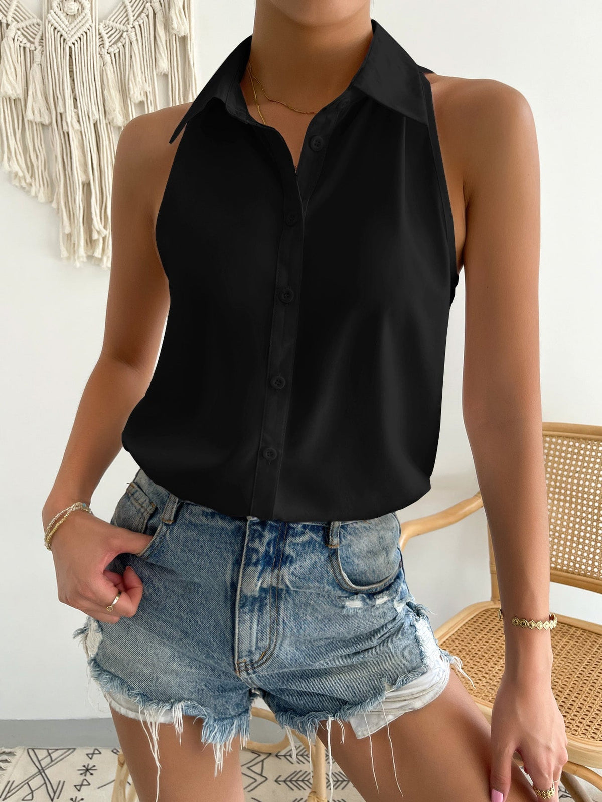 Camicia Senza Maniche Da Donna Con Bottoni Singoli