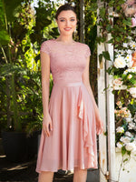 Abito cocktail svasato pizzo floreale corpetto con bordo a volant festa