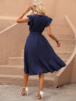 Abito estivo donna dalla moda estiva a righe e stampato, sovrapposto con scollo a V a manica corta a cappuccio e orlo asimmetrico