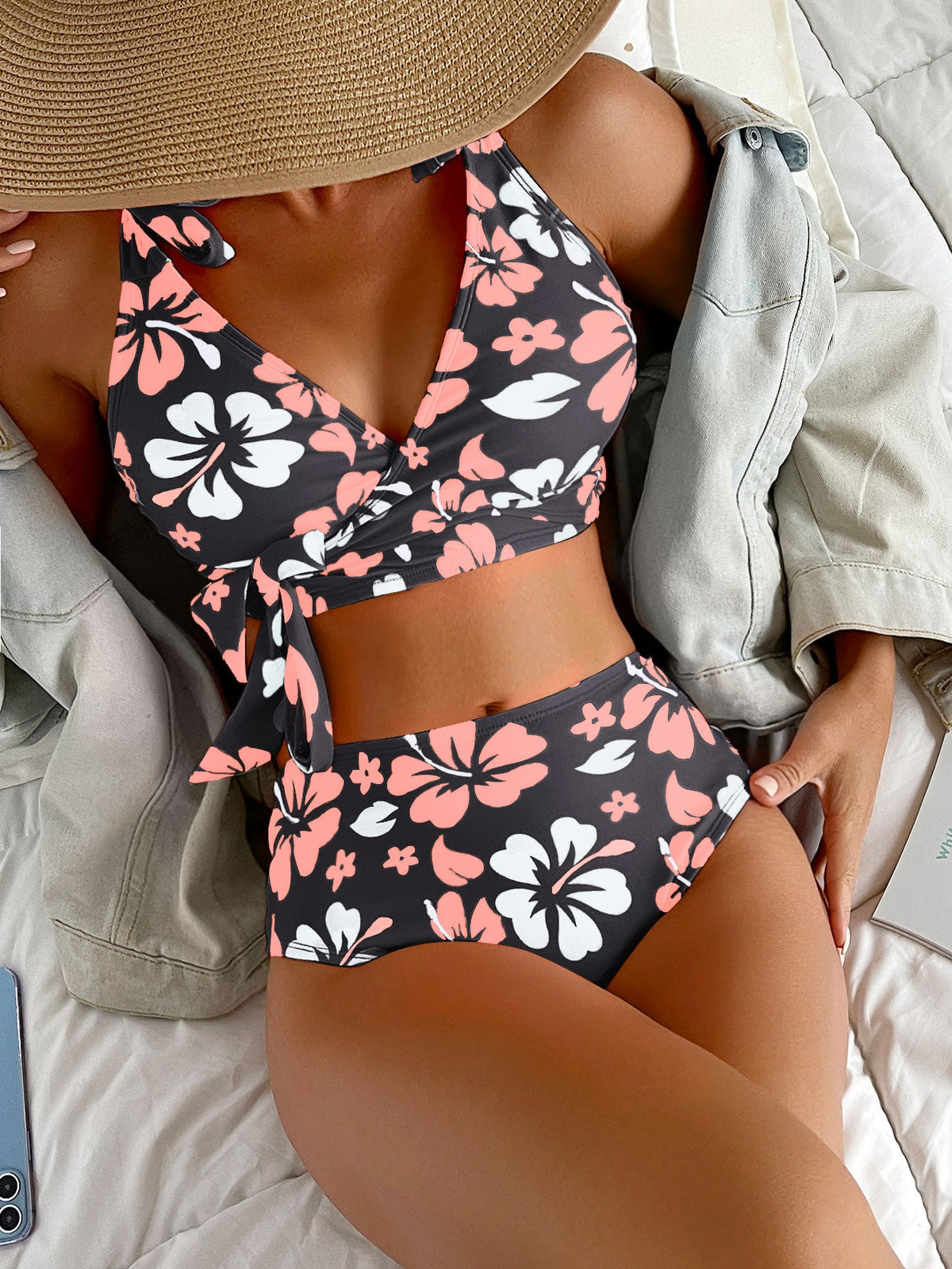 Set bikini con stampa floreale spalla annodata incrociato Bra canotta & Bottom vita alta 2 pezzi Costume da bagno