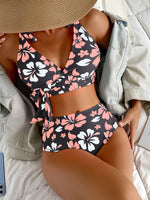 Set bikini con stampa floreale spalla annodata incrociato Bra canotta & Bottom vita alta 2 pezzi Costume da bagno