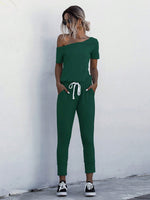 Jumpsuit Maglietta monocolore scollatura asimmetrica con coulisse a vita tasca inclinata