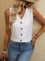 Camicia senza maniche con bottoni frontali e colore tinta unita per l\"estate