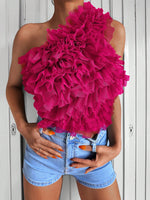 Top monospalla tulle a contrasto stratificato con bordo a volant