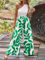 Completo Donna Con Motivo Stampa Albero Di Foglie, Con Top A Spalle Scoperte E Pantaloni Lunghi