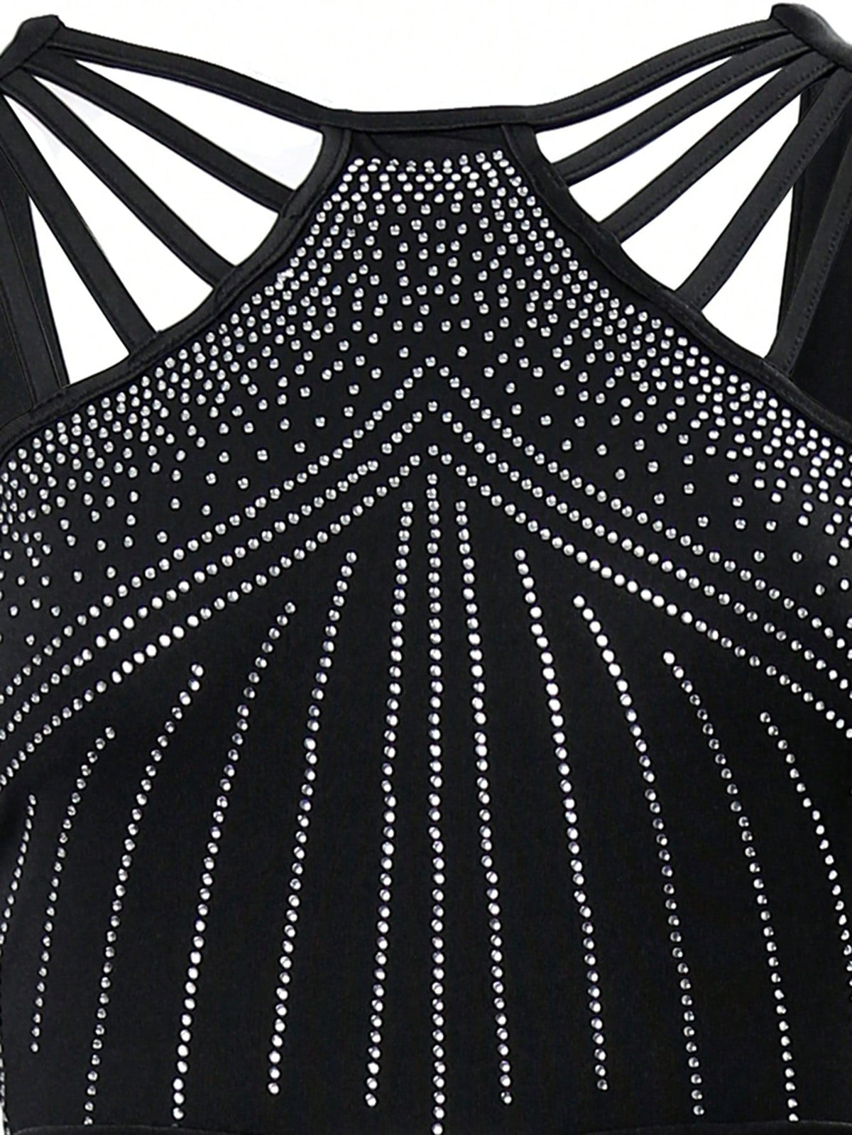 Tuta nera senza maniche con schiena scoperta, con Strass, sottili spalline e cintura con design collo a sciarpa