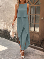 Top di stile vacanziero elegante stampato a pois per signore con pantaloni a gamba larga con spacco avanti