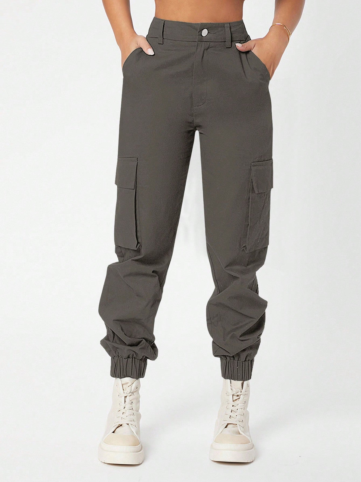 Pantaloni vita alta tasca laterale con patta