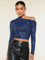 Top corto Natale scollatura asimmetrica paillettes