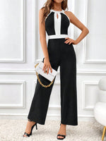 Jumpsuit halter bicolore scollo a goccia gamba ampia