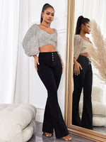 Pantaloni da donna svasati con chiusura a bottoni, sartoriali ed elasticizzati per una vestibilitˆ comoda (cotone)