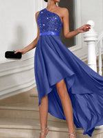 Vestito Aderente Con Spalla Obliqua Da Donna, Abbellimento Con Paillettes A Patchwork Asimmetrico Ed Orlo Sbieco