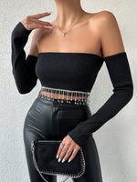 Top In Tinta Unita Con Dettagli Di Strass E Nappine, Stile Spalla Scoperta