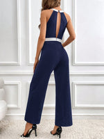 Jumpsuit halter bicolore scollo a goccia gamba ampia