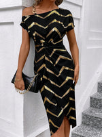 Vestito Donna Con Stampa A Spina Di Pesce, Collo Asimmetrico Con Twist E Avvolgimento