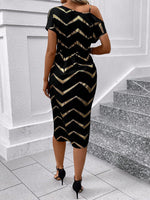 Vestito Donna Con Stampa A Spina Di Pesce, Collo Asimmetrico Con Twist E Avvolgimento