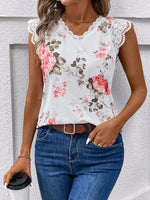 Maglietta estiva a patchwork in pizzo con stampa floreale