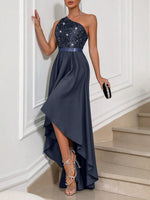 Vestito Aderente Con Spalla Obliqua Da Donna, Abbellimento Con Paillettes A Patchwork Asimmetrico Ed Orlo Sbieco