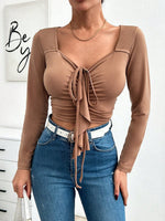 Top A Maniche Lunghe Da Donna Con Scollo A Cuore Increspato Tinta Unita