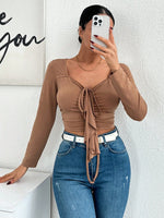 Top A Maniche Lunghe Da Donna Con Scollo A Cuore Increspato Tinta Unita