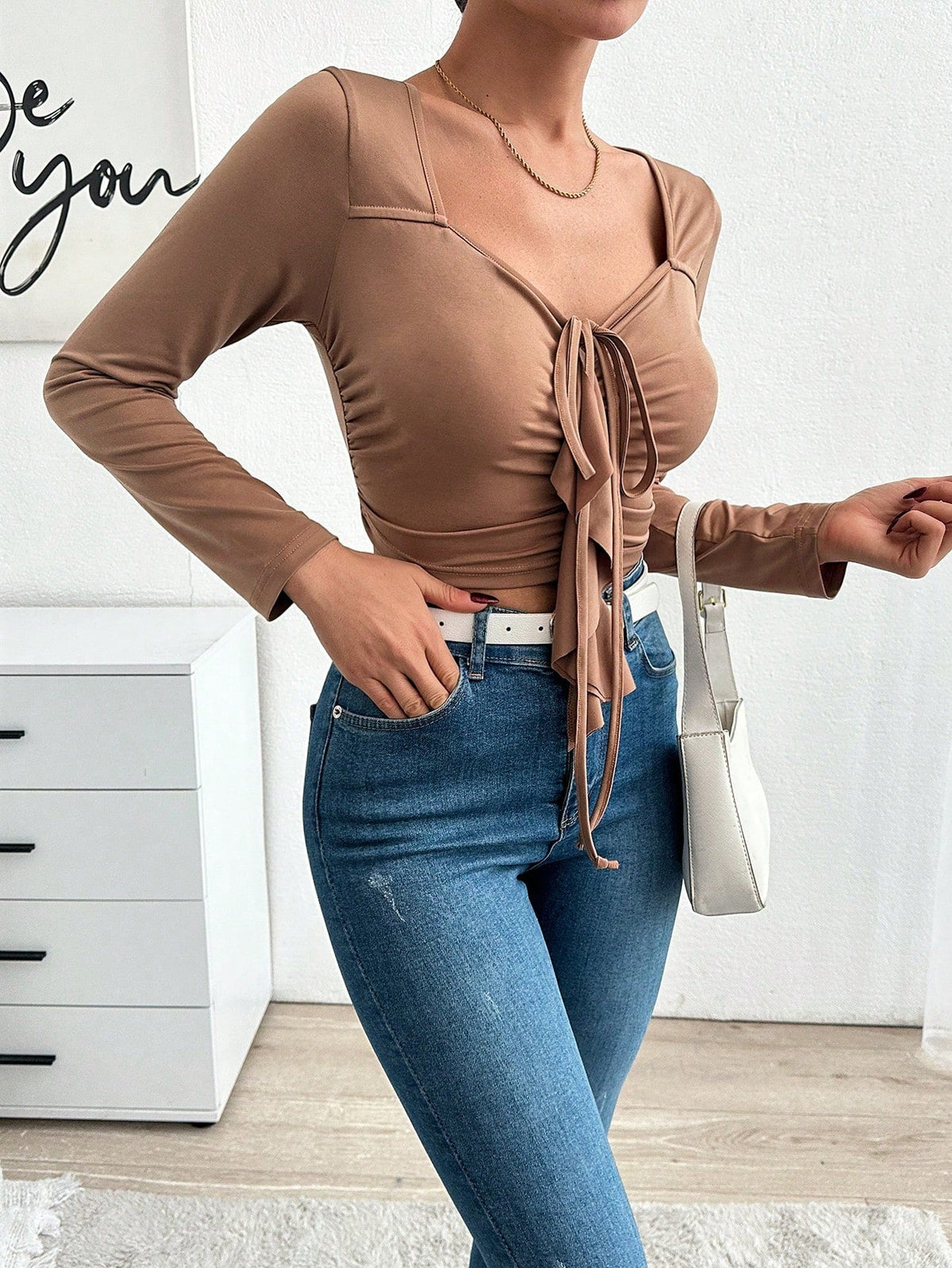 Top A Maniche Lunghe Da Donna Con Scollo A Cuore Increspato Tinta Unita