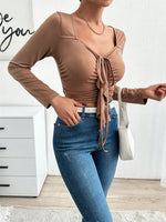 Top A Maniche Lunghe Da Donna Con Scollo A Cuore Increspato Tinta Unita