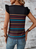 Maglietta casual estiva da donna con manica a cappuccio e stampa a righe colorate a collo rotondo