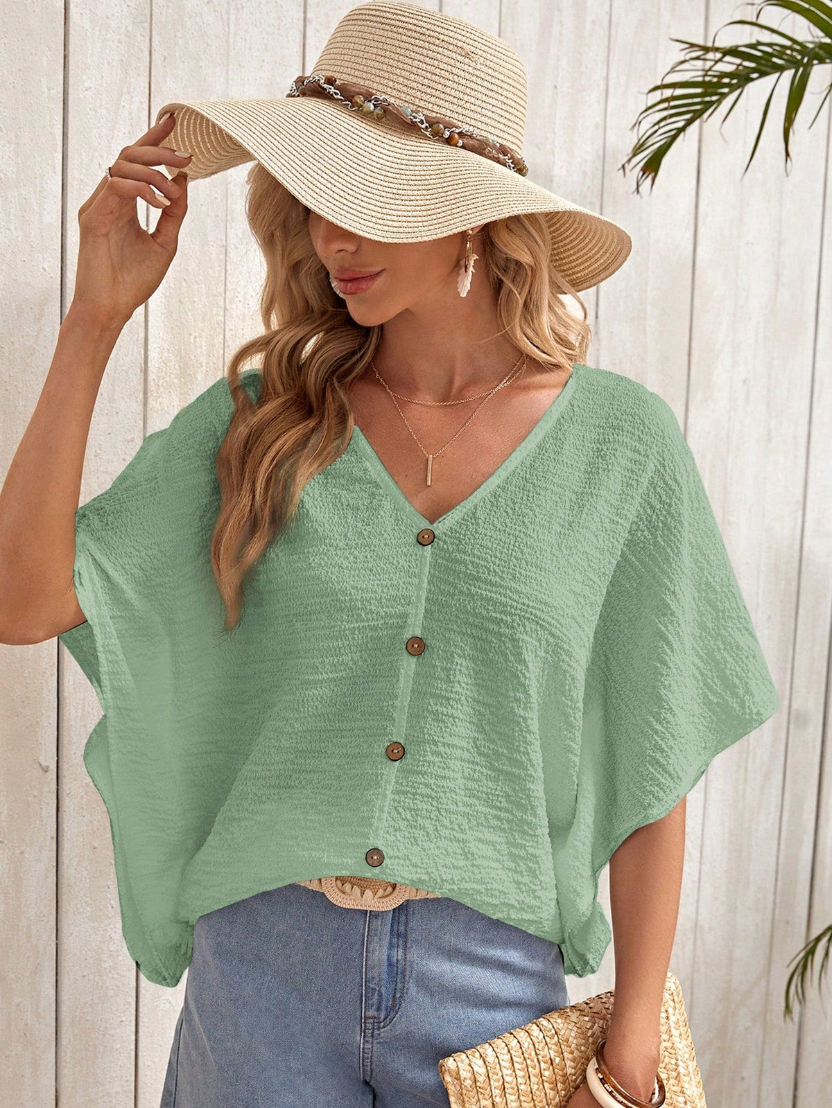 Blusa Texturizada Verde Con Manga Tipo MurciŽlago
