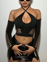 Top Nero Con Spalle Scoperte E Maniche In Pizzo Bruciato Con Scollo All'americana Incrociato