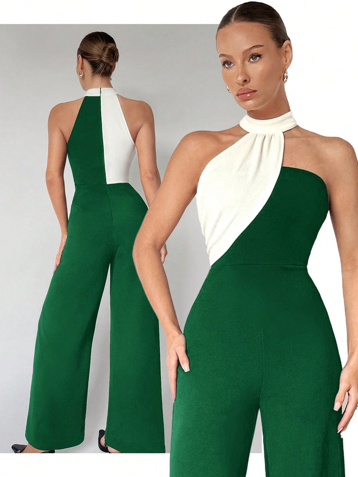 Tuta Jumpsuit Asimmetrica In Stile Halter Con Blocchi Di Colore Da Donna