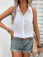 Camicia Estiva Senza Maniche Da Donna Con Colletto A Revers, Fronte Aperto, Tessuto A Strisce Con Motivo A Onde, Casual E Confortevole Per Le Vacanze