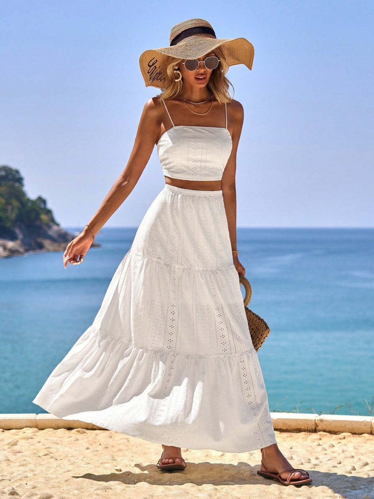 Top Ricamato Traforato & Gonna Lunga 2 Pezzi