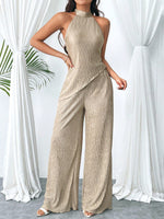 Set di pantaloni a gamba larga e camicetta halter kaki con orlo irregolare plissettato e schiena scoperta