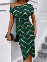 Vestito Donna Con Stampa A Spina Di Pesce, Collo Asimmetrico Con Twist E Avvolgimento