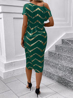 Vestito Donna Con Stampa A Spina Di Pesce, Collo Asimmetrico Con Twist E Avvolgimento