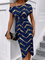 Vestito Donna Con Stampa A Spina Di Pesce, Collo Asimmetrico Con Twist E Avvolgimento