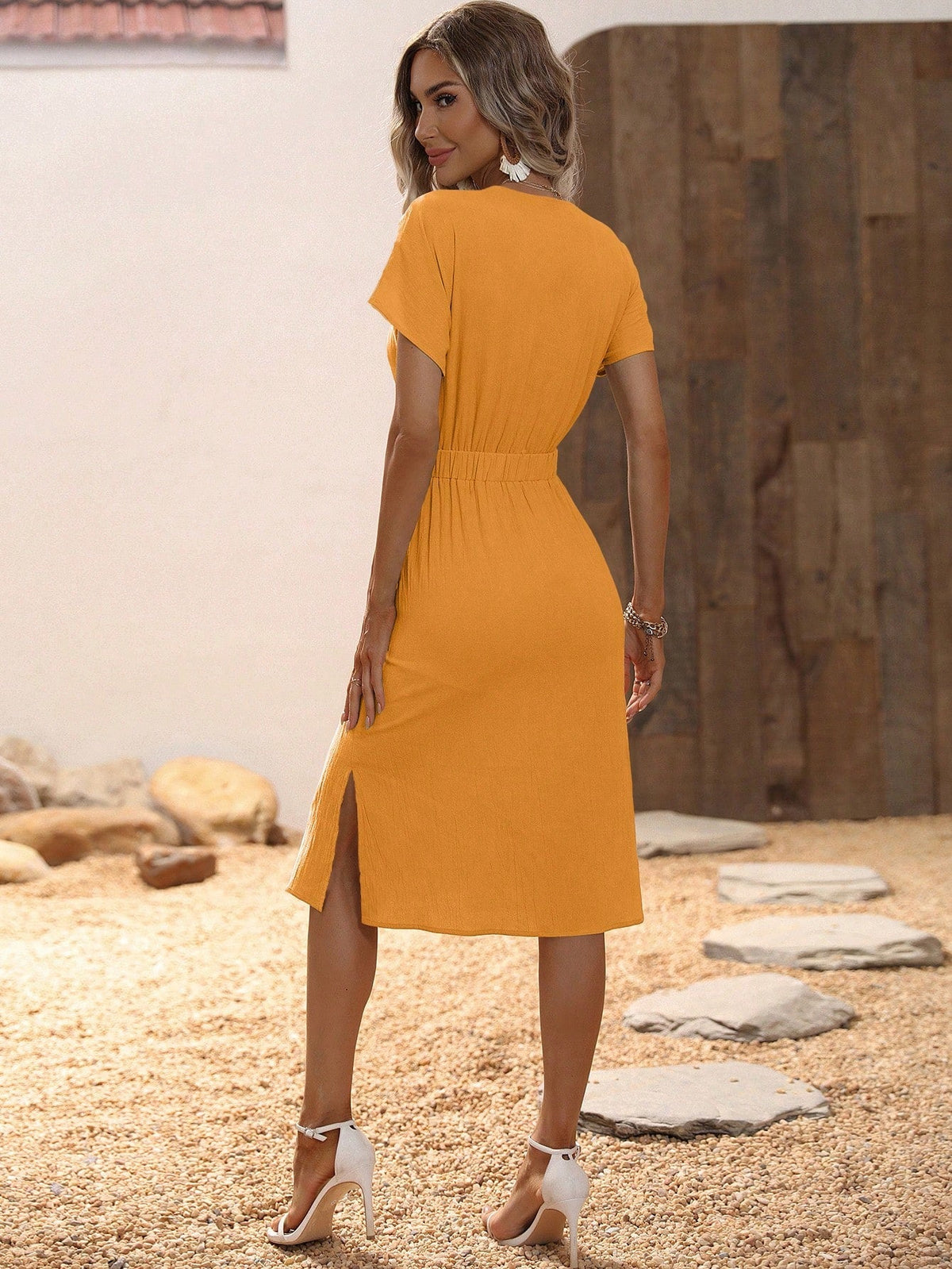 Abito Casual Con Design Con Bottone A V-neck Per Donne - Cinched Vita