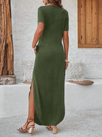 Abito A Due Pezzi Solido Con Scollo A V, Maniche Corte E Gonna Con Spacco Per Donne