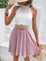 Elegante vestito a collo Halter in pizzo a colori contrastanti con patchwork per le vacanze