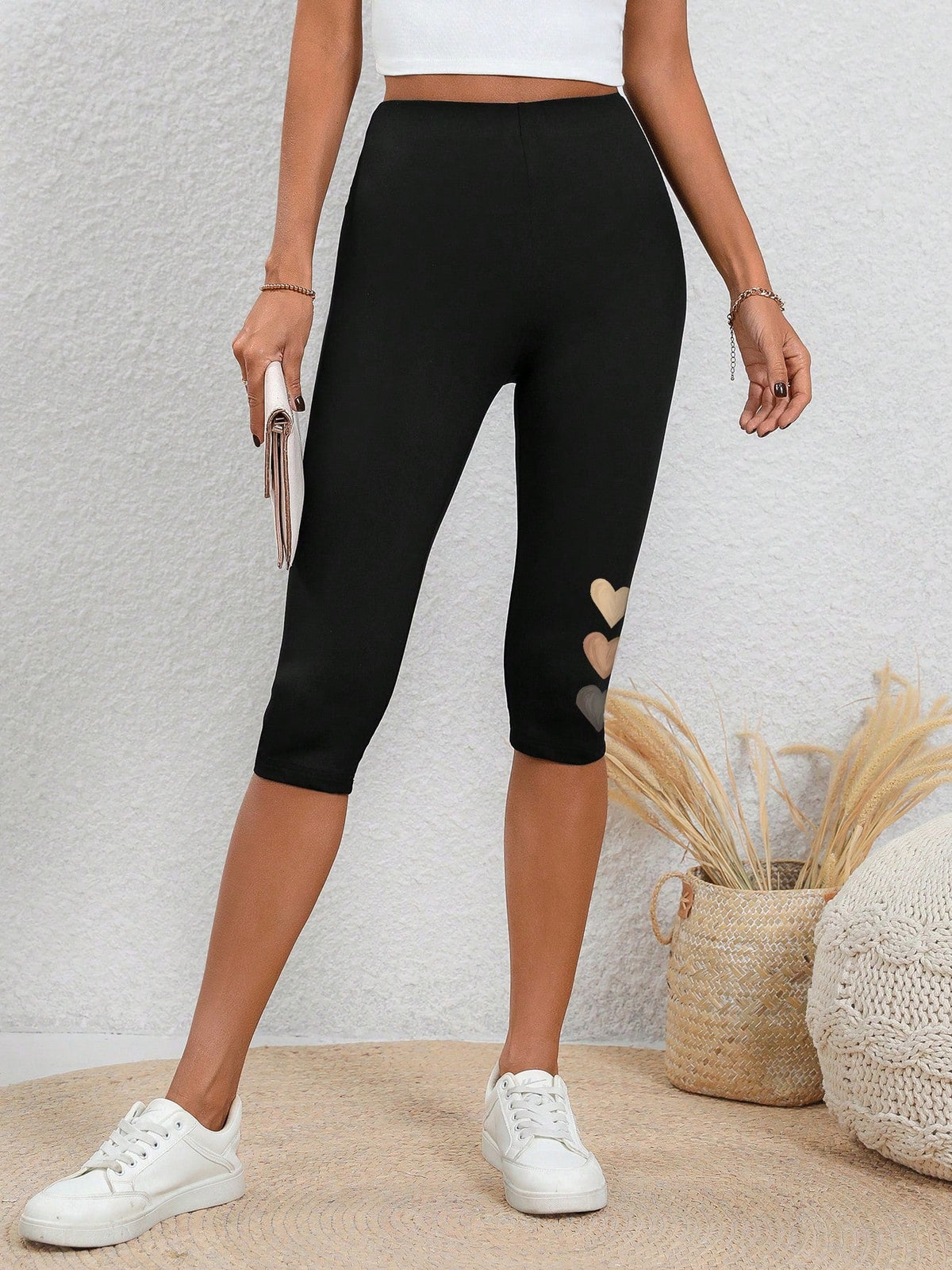 Leggings casual estivi per donna, a vita alta, aderenti alla figura, con motivo a cuore e lunghezza media al polpaccio, lavorati a maglia