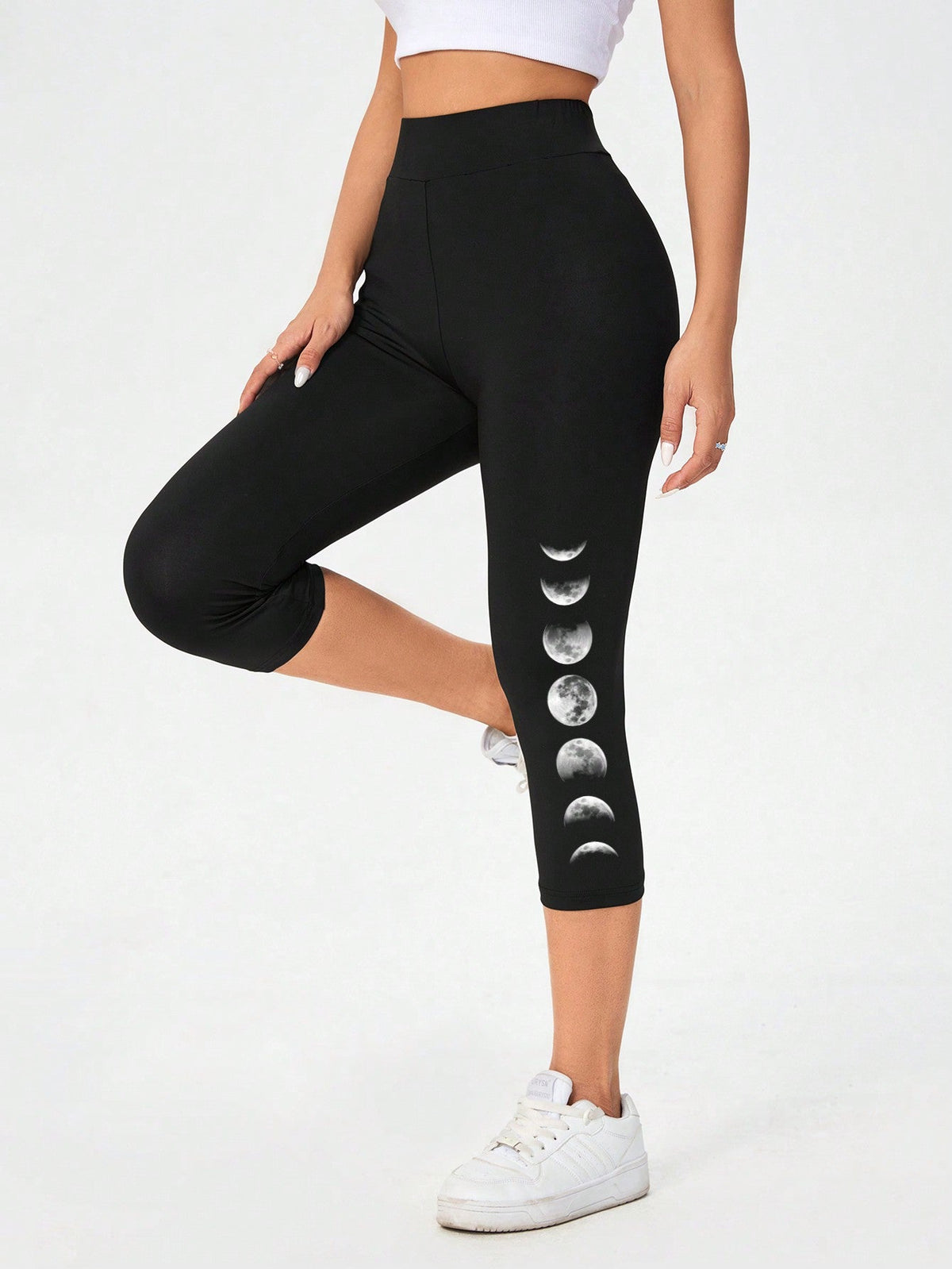 Leggings estivi sportivi a sette punti da donna, lavorati a maglia con motivo a luna e aderenti