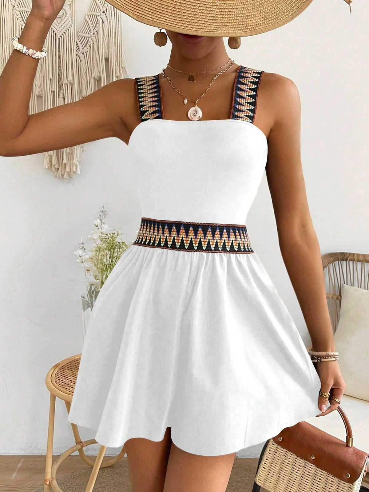 Salopette In Patchwork Geometrico Jacquard Con Fascia Elastica In Vita