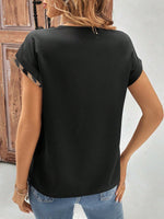 Camicia Casual Da Donna A Maniche Corte Con Collo A V, Design A Bottoni E Stampa Di Giunzione