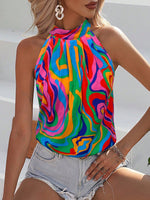 Blusa Estiva Da Donna A Collo Alto Senza Maniche Con Stampa