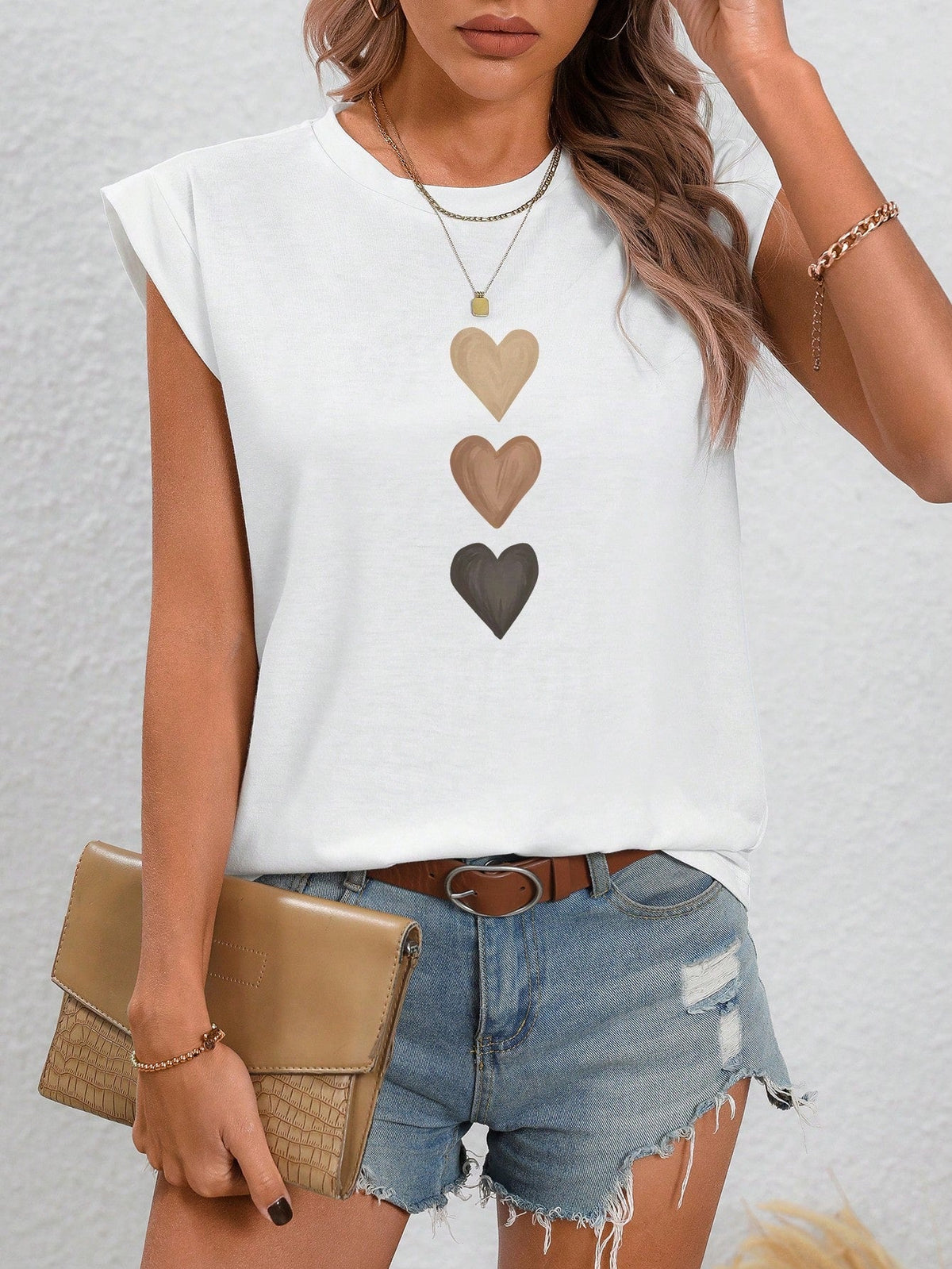 Maglietta estiva casual e semplice con collo a giro e motivo a cuore per donne, Love Love Love