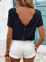 Blusa da donna con bordo a guscio e scollatura posteriore scoperta, top in lino e cotone per l'estate