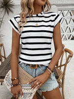 Maglietta casual estiva da donna a righe stampate con girocollo e maniche corte